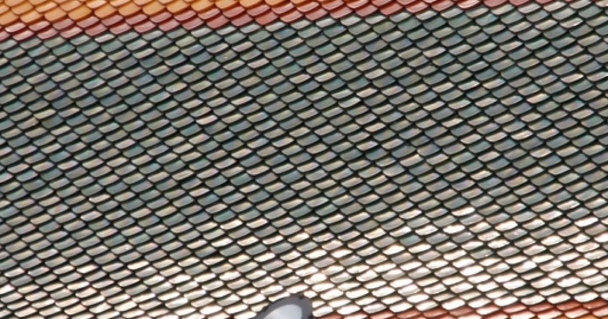 A sweeping temple roof covered in rows of green and orange glazed tiles, seen from below